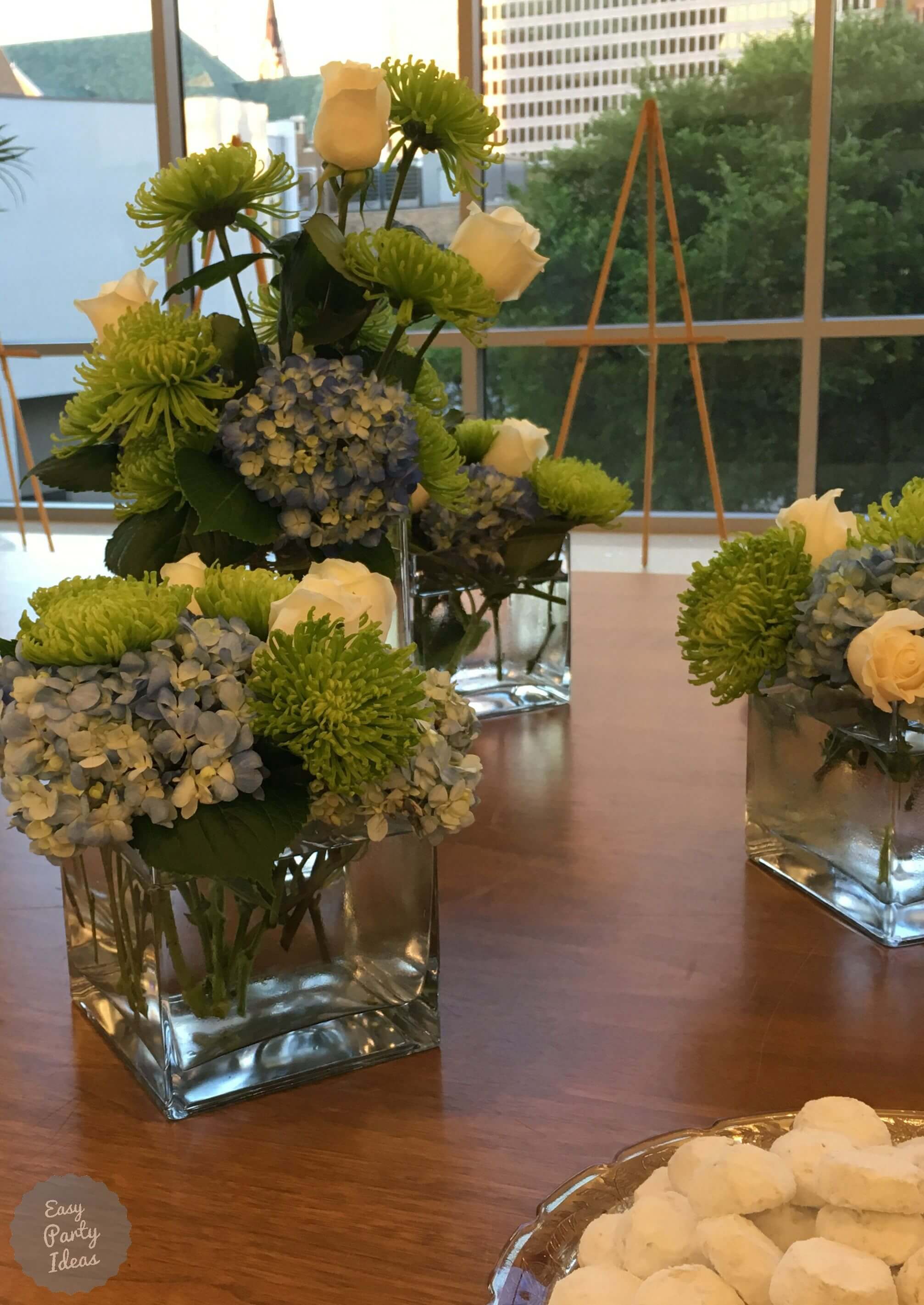 Blue Hydrangea, White Rose and Green Floral Centerpiece