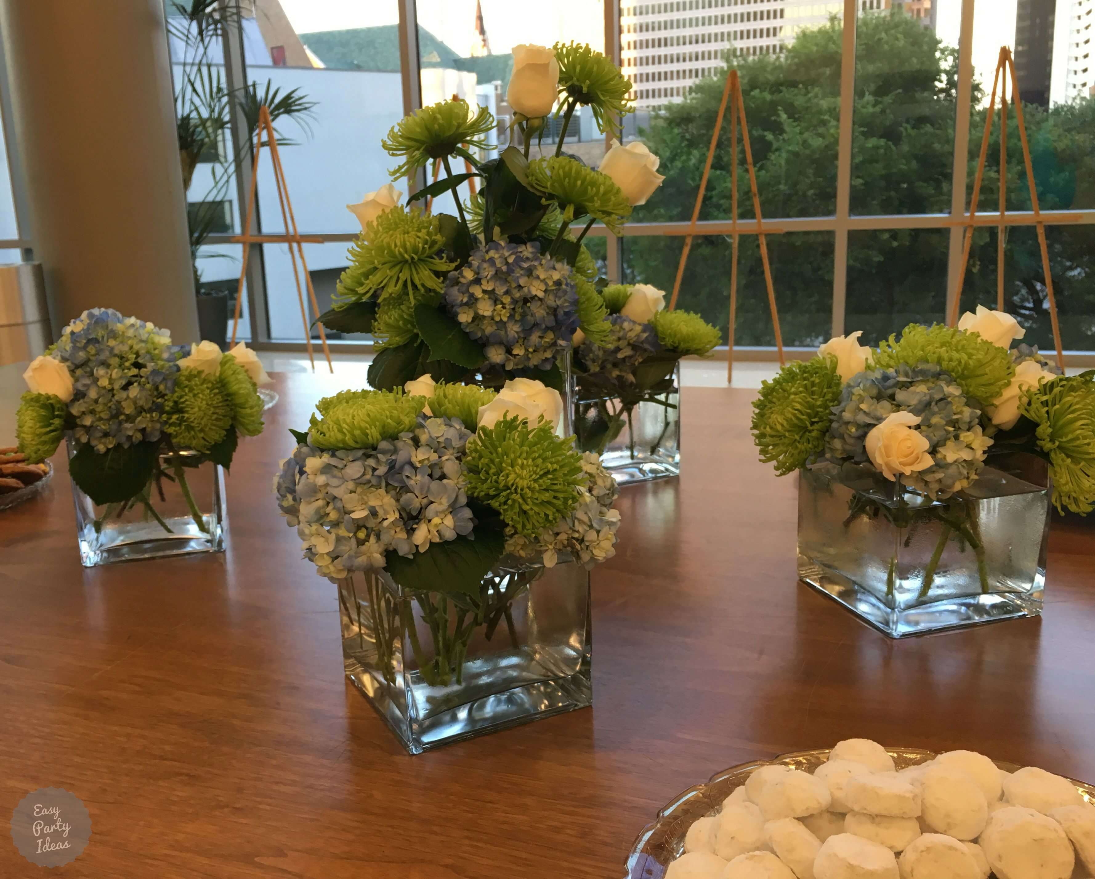 Blue Hydrangea, White Rose and Green Flowers