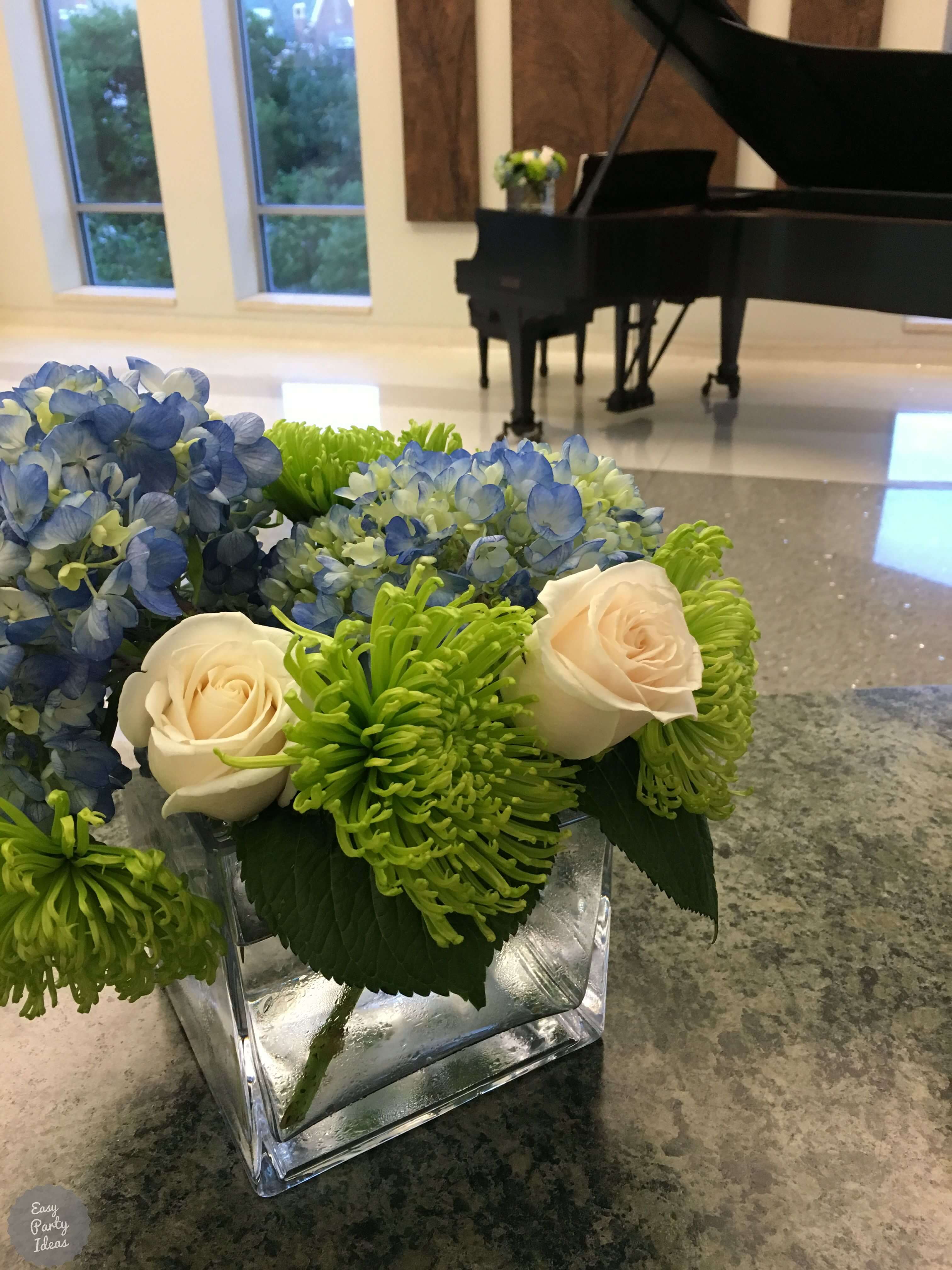 Blue Hydrangea, White Rose and Green Flowers